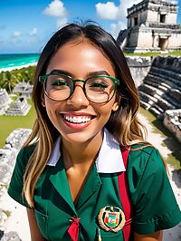 A mature tanned Dominican woman navigates ancient Mayan ruins in a green school uniform