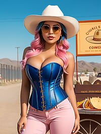 A Mexican woman with large breasts stands proudly at a taco cart near the border