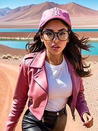 The Cuban girl 21 years old with medium brown hair stands tall in Atacama Lakes