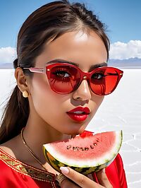 A sultry 31 year old Cuban woman models her red dress on the gleaming white salt flats